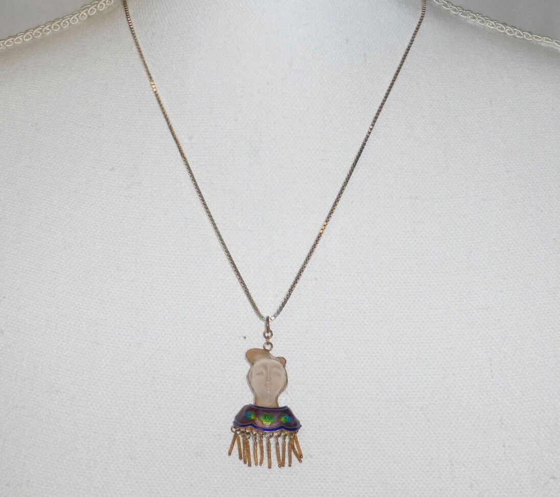 1900s China Export Carved Quartz Asian Face Necklace Pendant Gilt Enamel Silver