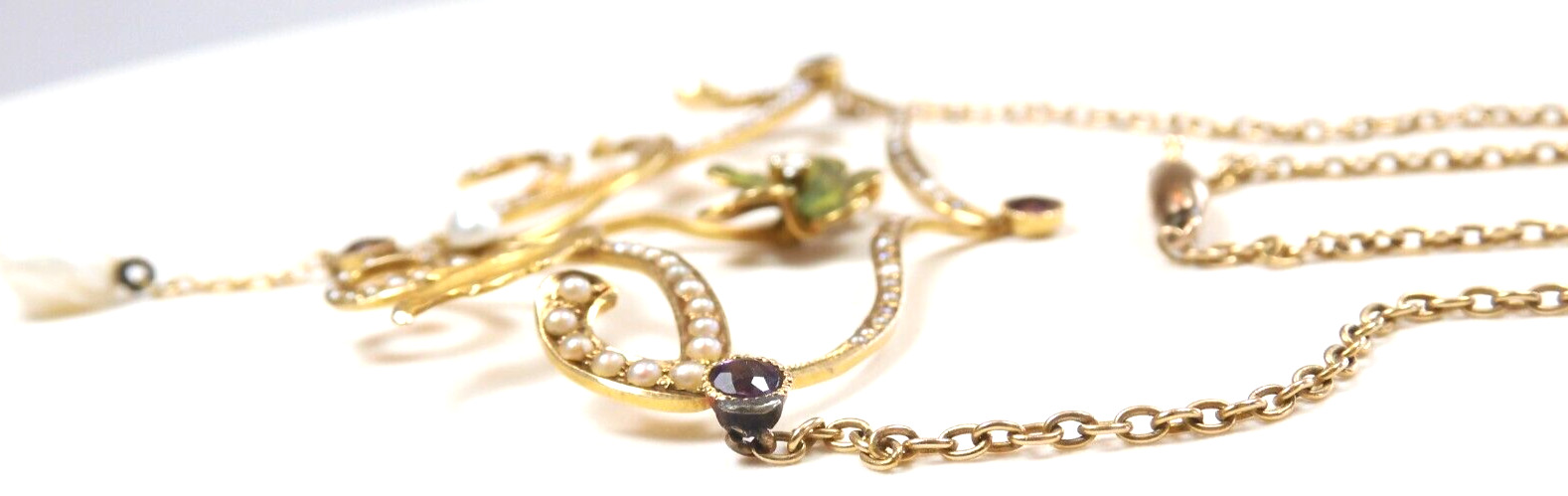 Antique Art Nouveau 1900'S Diamond Pearl Enamel Necklace 17 1/2" 14K Yellow Gold