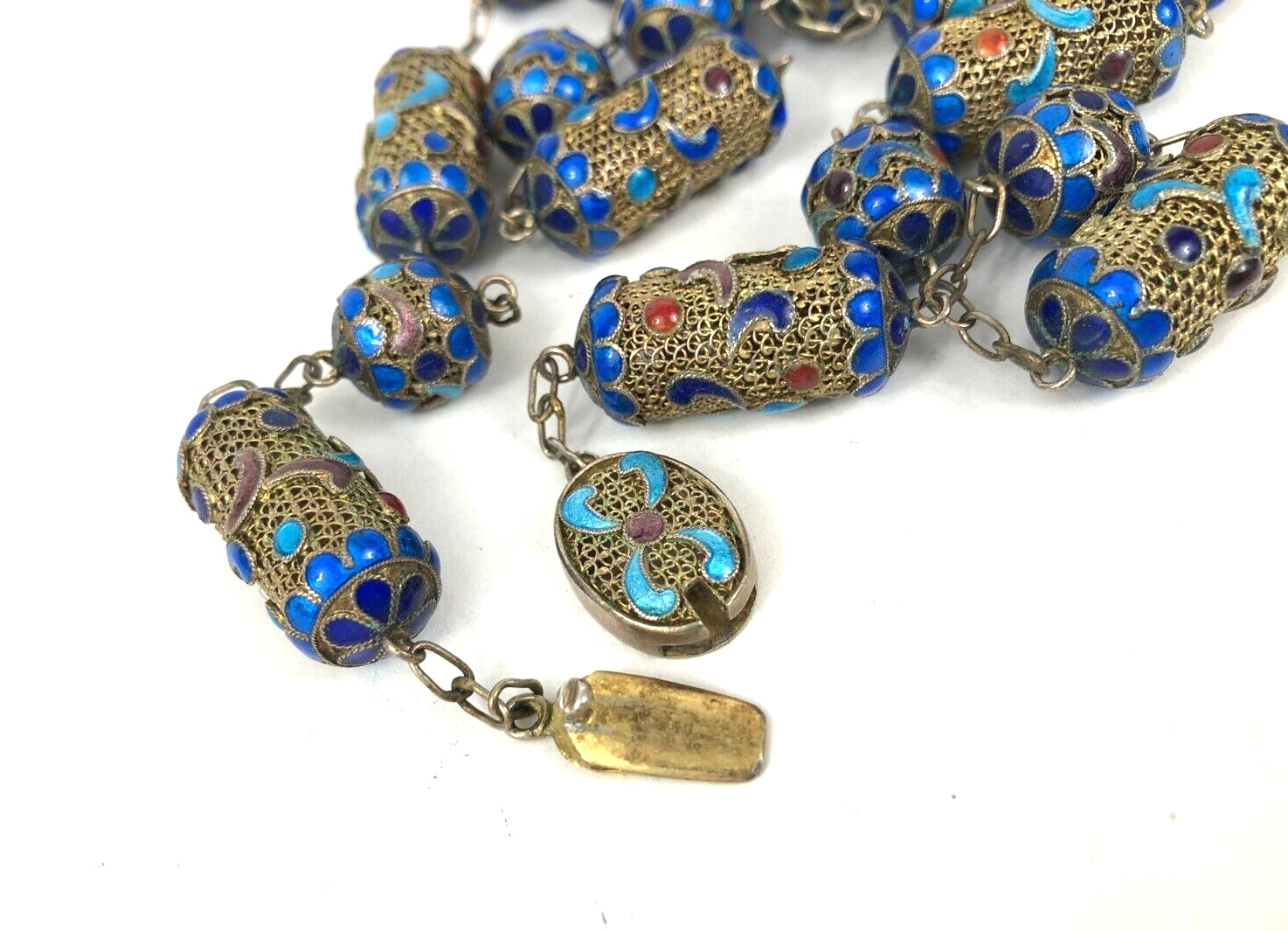 Antique Chinese Mesh Sterling Silver Gilt Enamel Beaded 26" Necklace Early 1900s