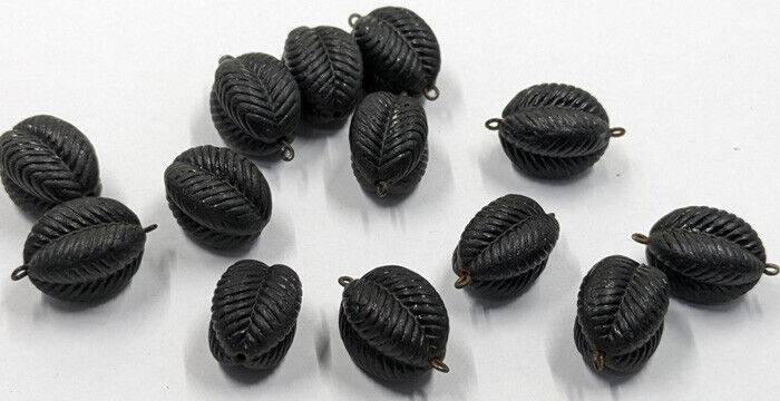 Antique 1800s Jet Black Glass Mourning Necklace Beads 13 Piece 3/4" Each Matte