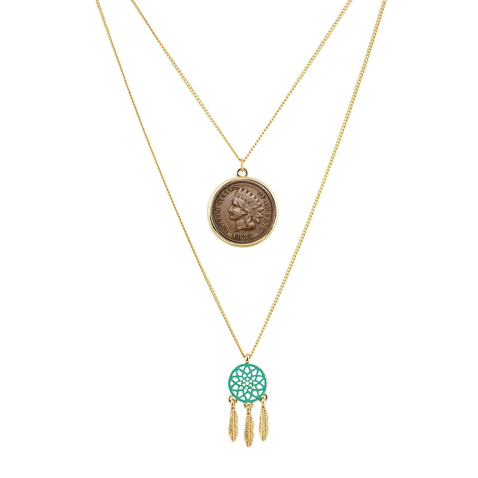 NEW 1800s Indian Penny Coin Miniature Dream Catcher Double Chain Necklace