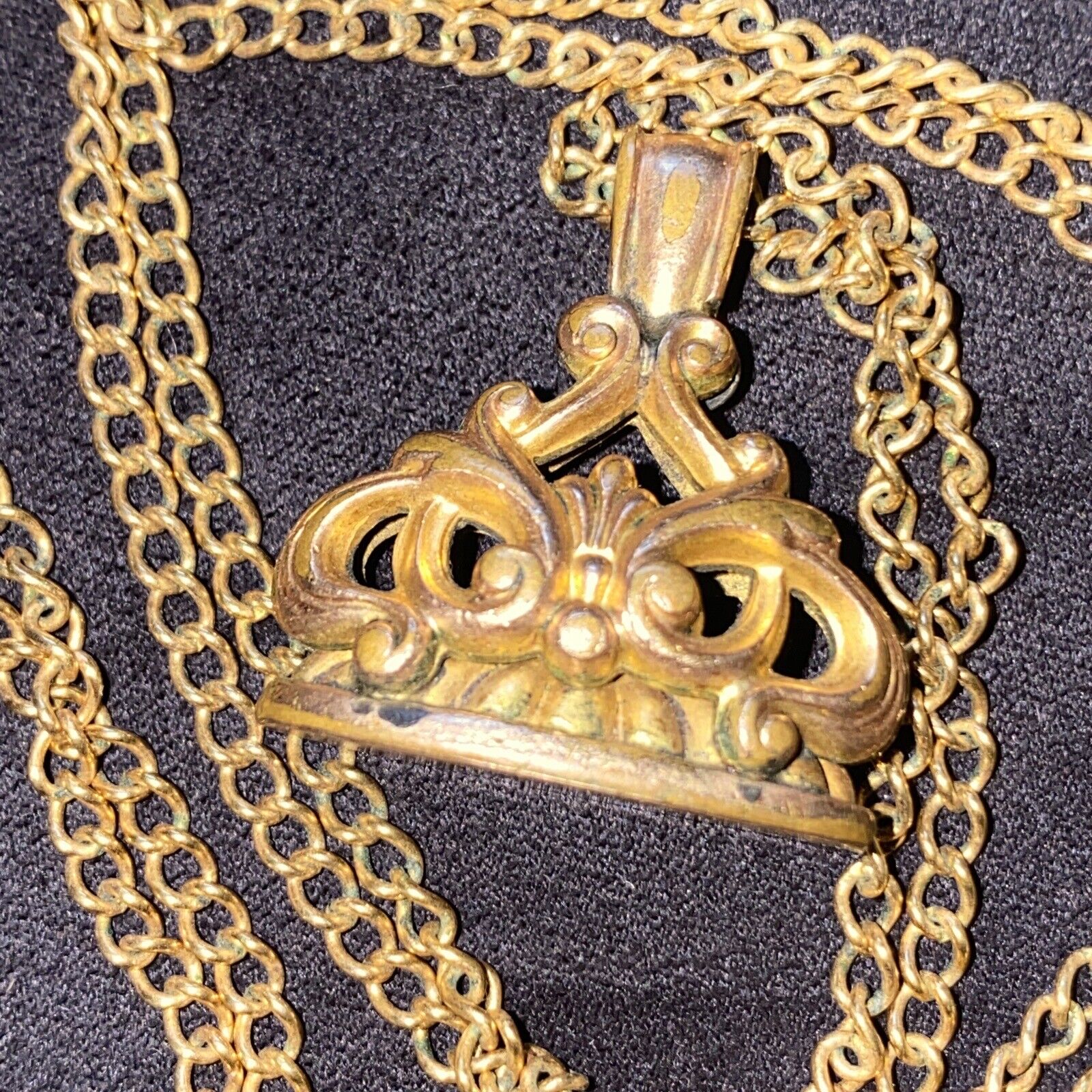Crown Fob Pendant 1900s Edwardian Necklace Gold Tone Art Nouveau Antique