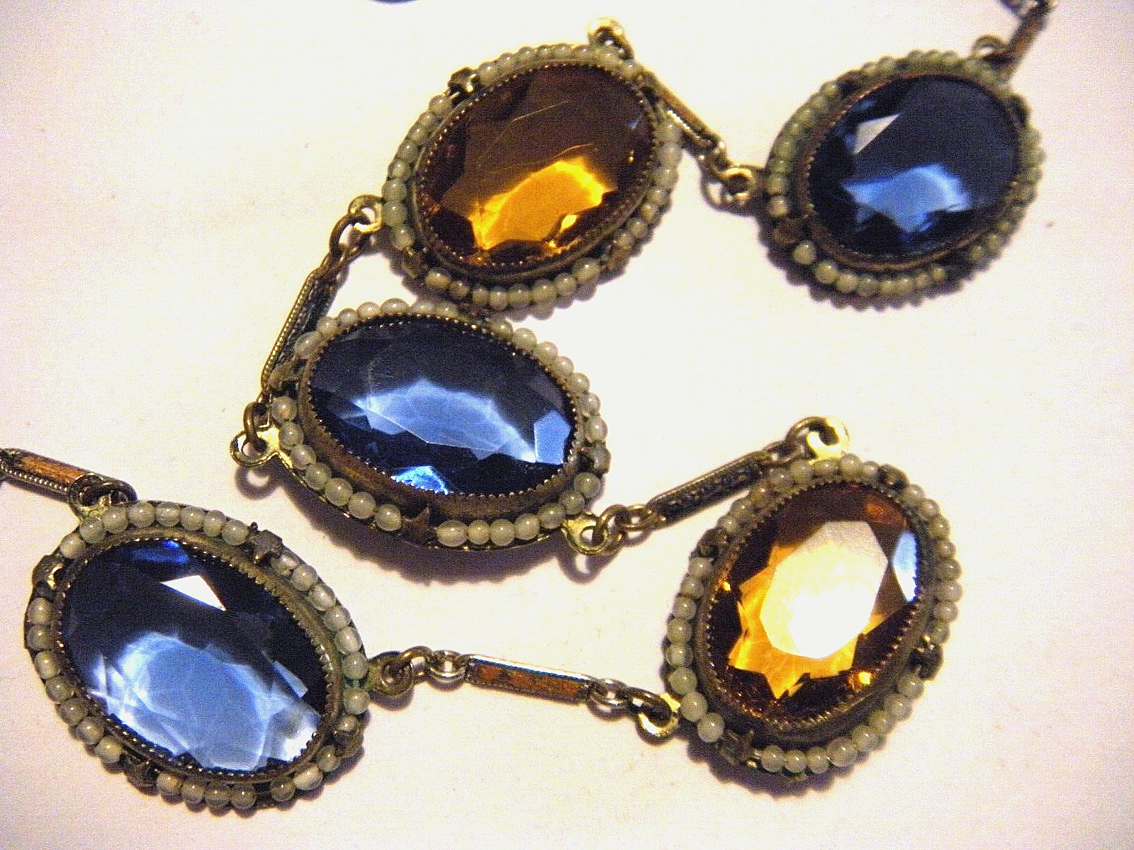 1900s Victorian Large Faceted Stones Seed Pearls Halo Oval Link Collar Necklace