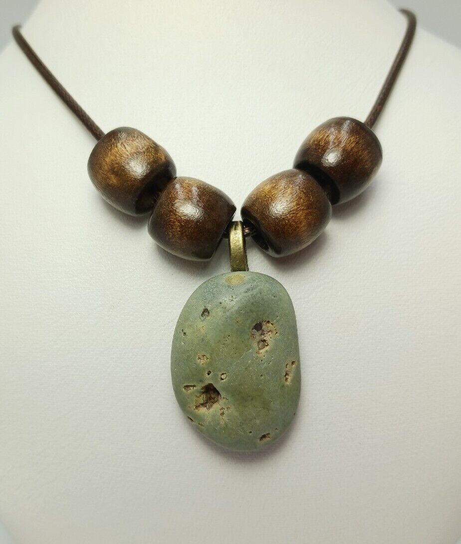 1800's Matte Green Slag Glass Unique Michigan Pendant Necklace Wood Accents 