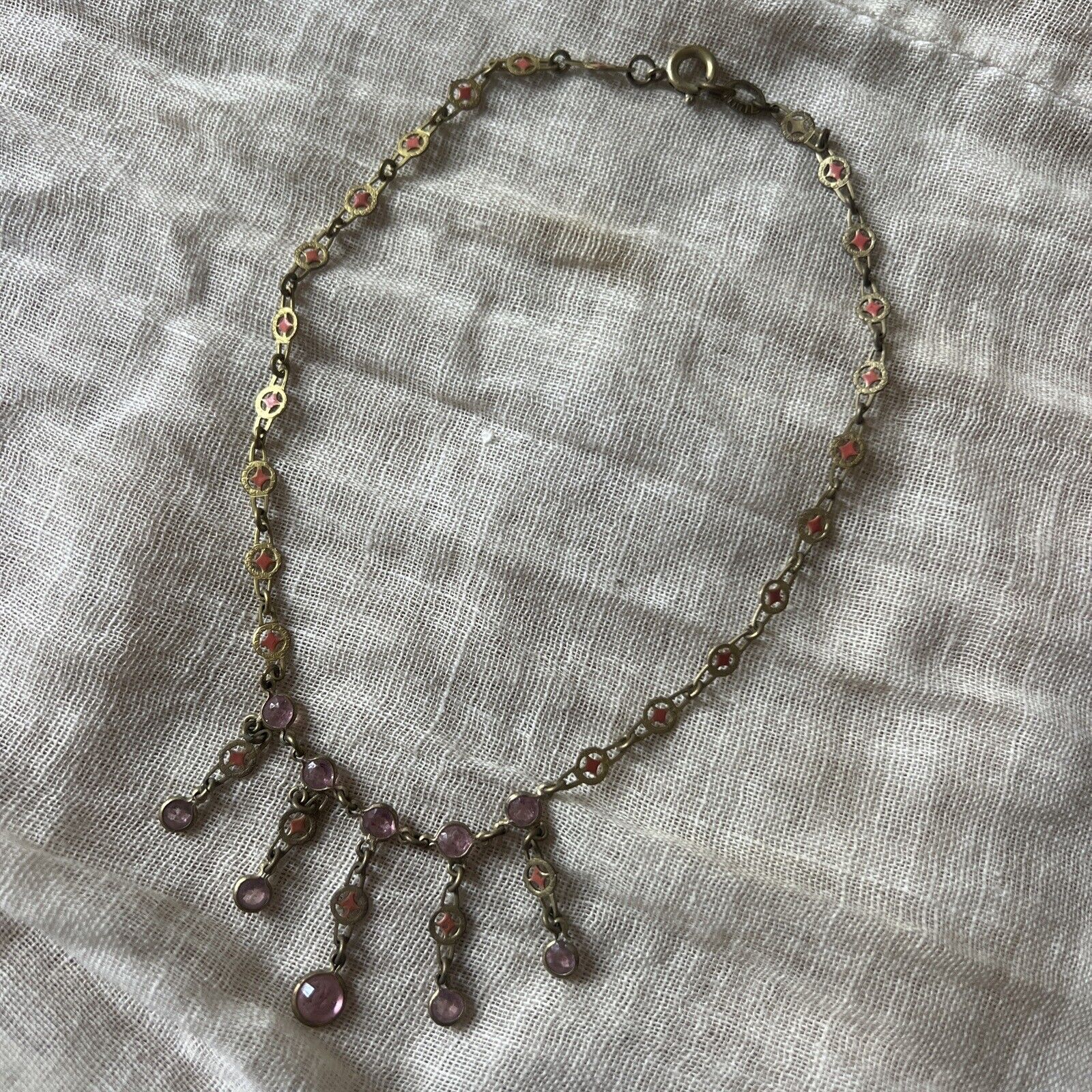 Antique Edwardian 1900s Brass & Pink Rhinestone Dangle Choker Necklace Vintage