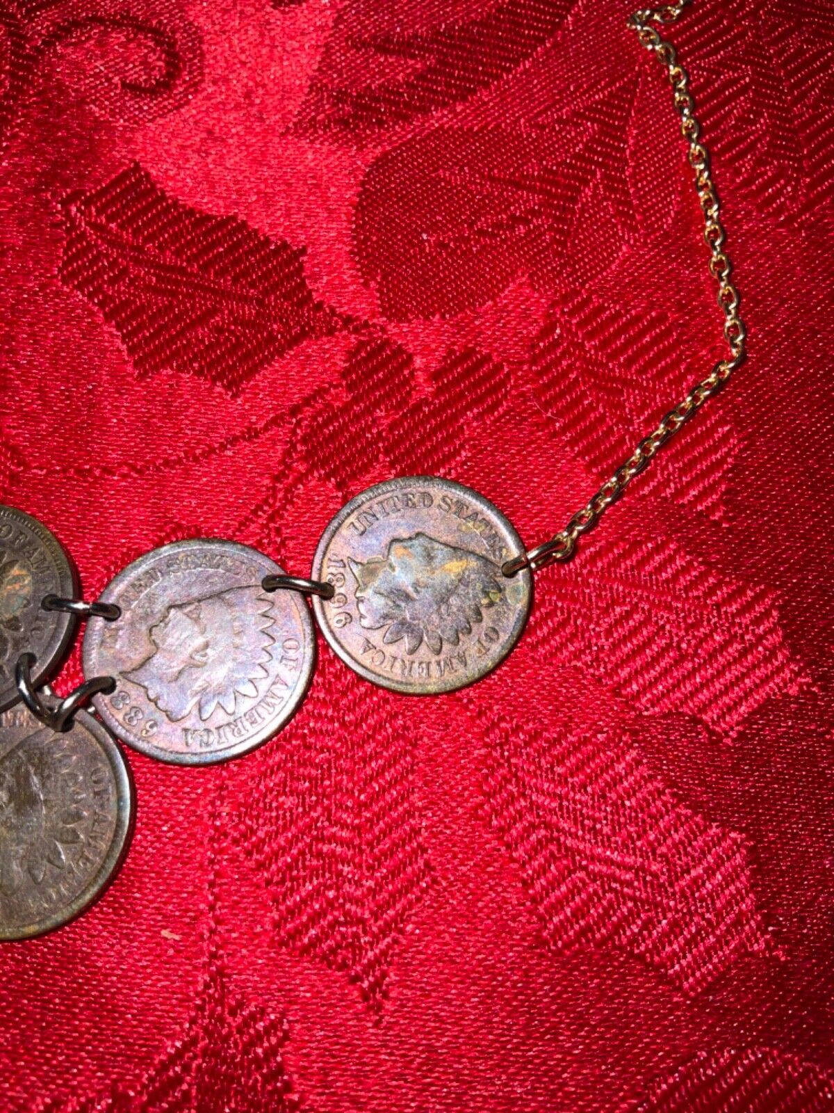 VINTAGE 5 INDIAN HEAD PENNY NECKLACE ALL 1800s GOLD TONE CHAIN