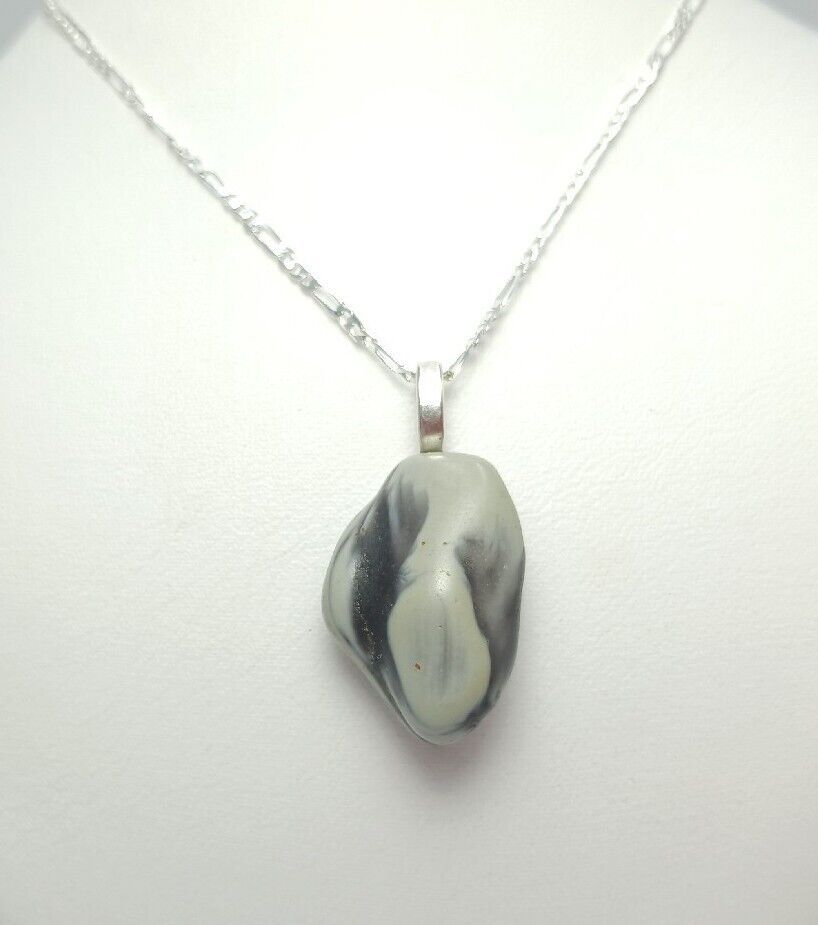 Michigan 1800's Blue Swirl Slag Matte Glass Pendant 925 Silver Necklace