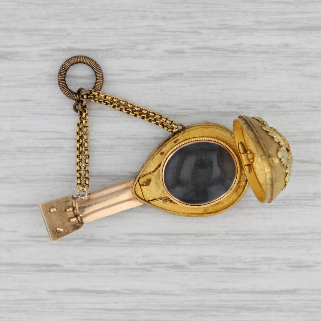 1800s Georgian Mandolin Charm Fob Pendant 18k 21k Gold 0.50ctw Emeralds Locket