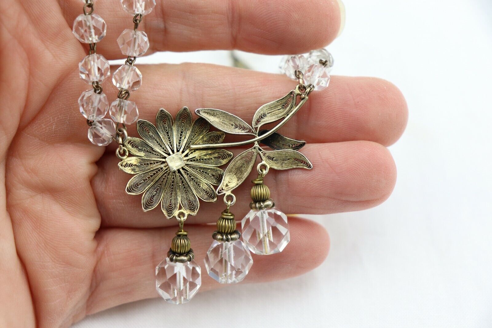 Early 1900's Vintage Gold Gilt Silver Filigree Rock Crystal NECKLACE 18"