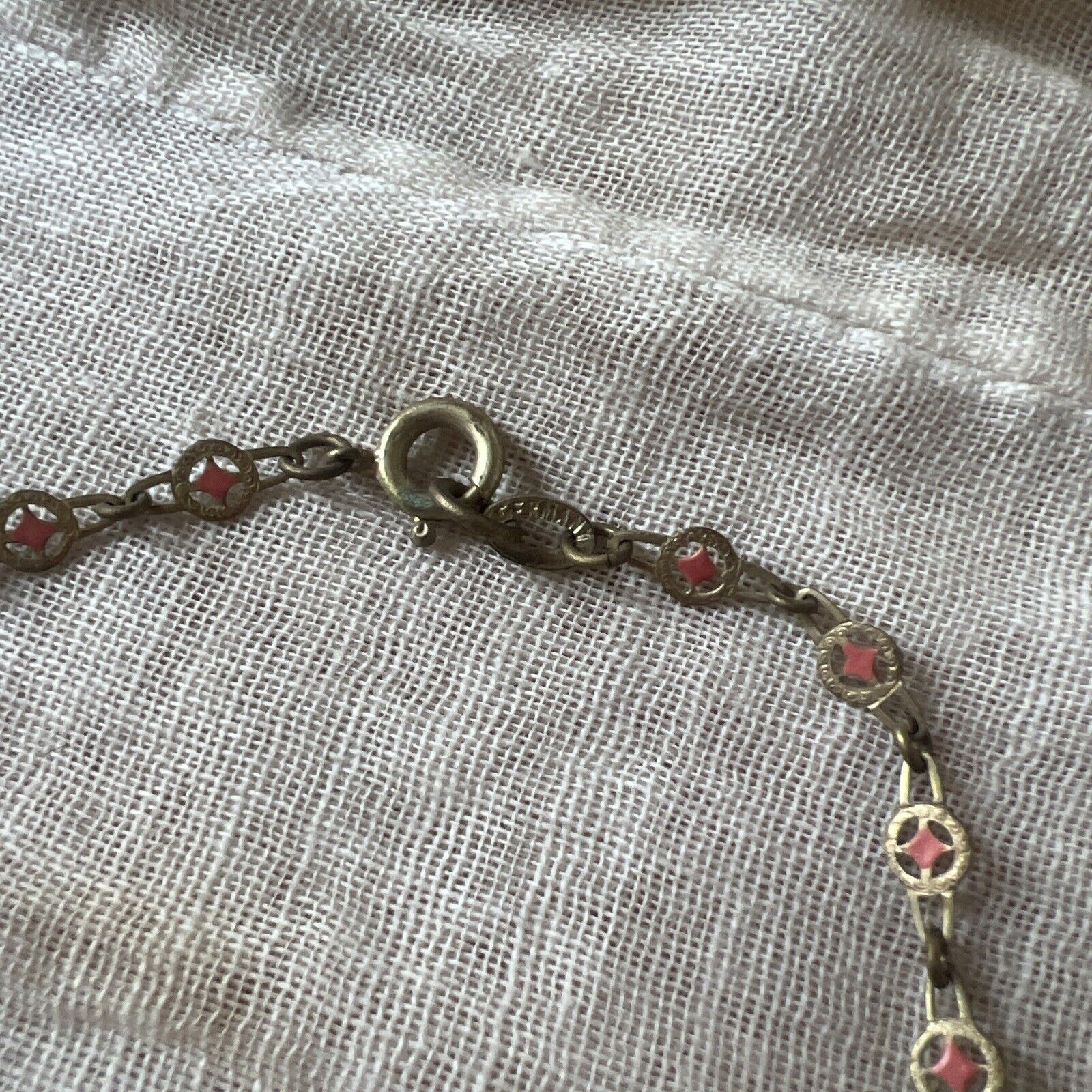 Antique Edwardian 1900s Brass & Pink Rhinestone Dangle Choker Necklace Vintage