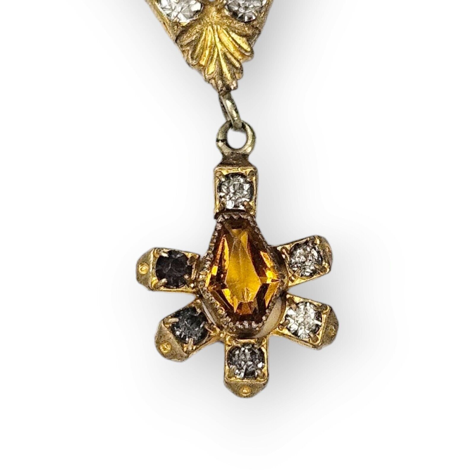 Antique Lavalier Pendant Art Deco Paste Stone Faux Citrine Brass Floral 1900s 2"