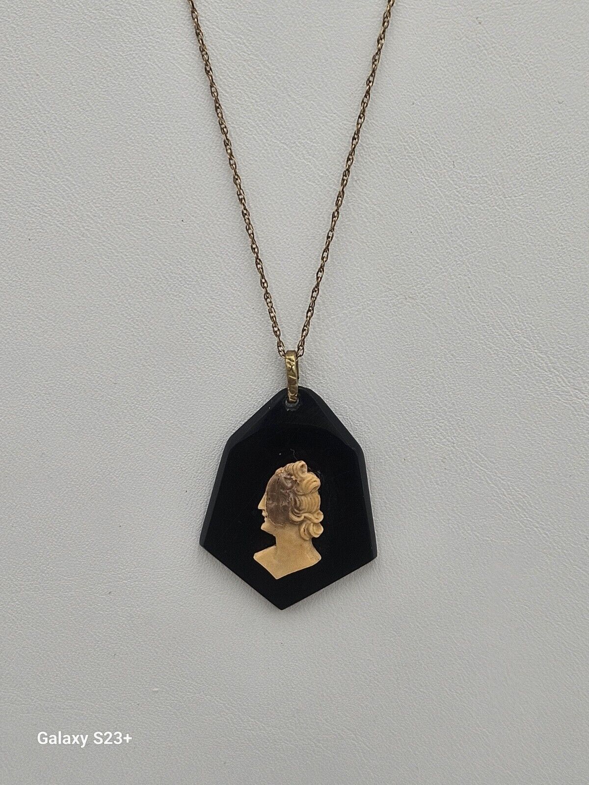 Antique C.1800's Mourning Necklace, Black Cameo Pendant+20"12k Goldf Chain