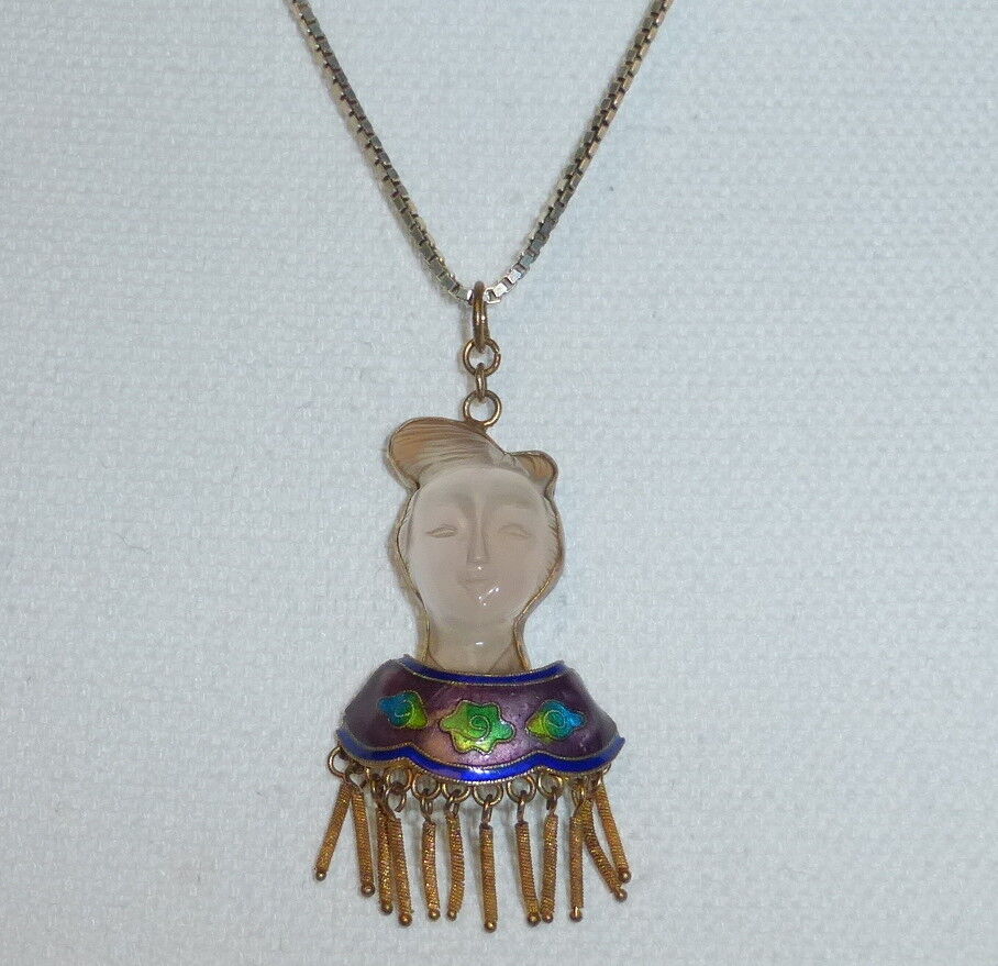 1900s China Export Carved Quartz Asian Face Necklace Pendant Gilt Enamel Silver