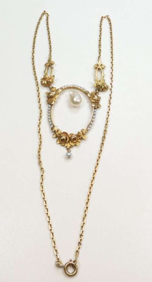 Antique Art Nouveau 1900'S Pearl Floral Necklace 17" 18K Yellow Gold 9.6 Grams