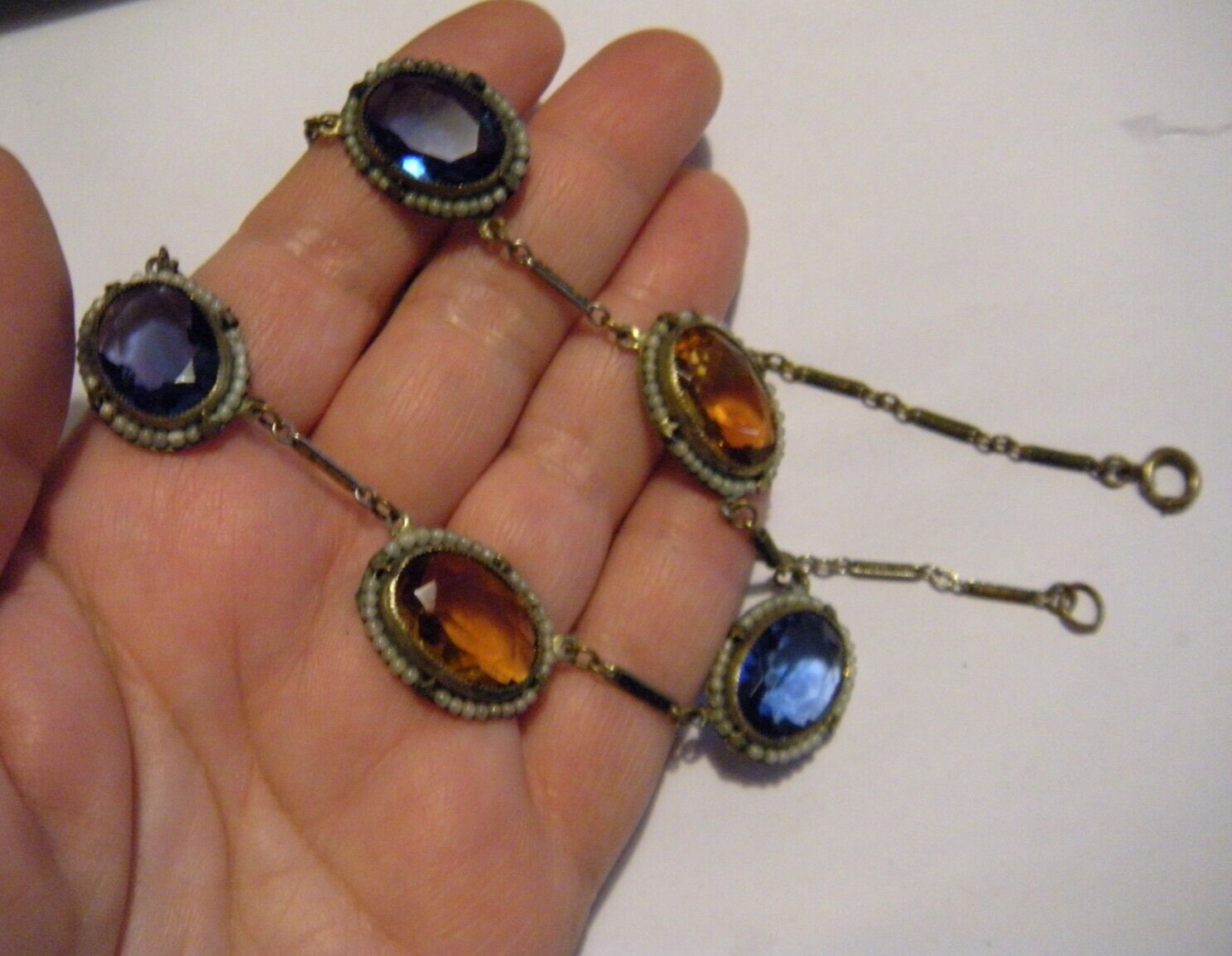 1900s Victorian Large Faceted Stones Seed Pearls Halo Oval Link Collar Necklace