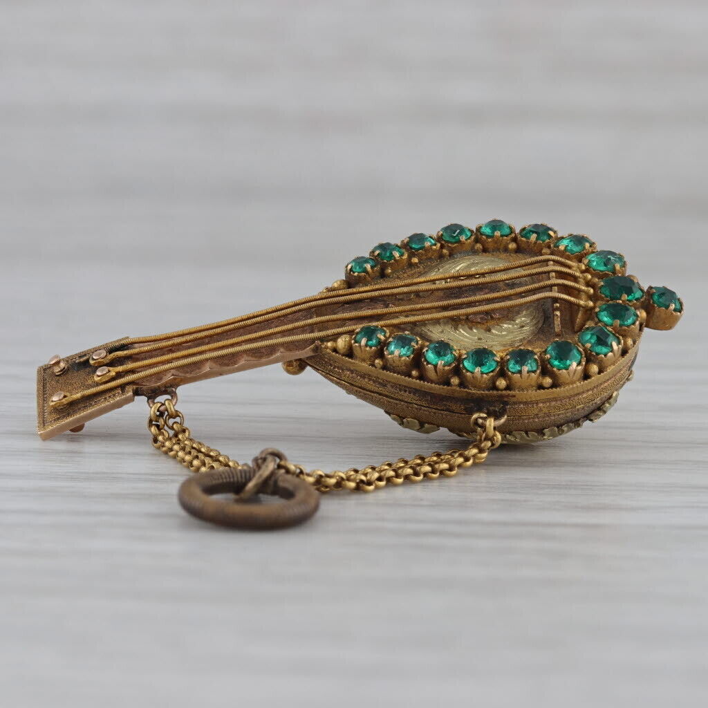 1800s Georgian Mandolin Charm Fob Pendant 18k 21k Gold 0.50ctw Emeralds Locket