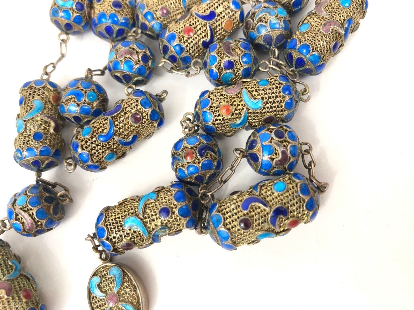 Antique Chinese Mesh Sterling Silver Gilt Enamel Beaded 26" Necklace Early 1900s