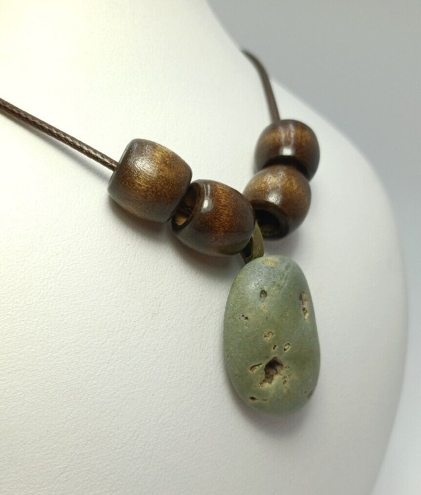 1800's Matte Green Slag Glass Unique Michigan Pendant Necklace Wood Accents 