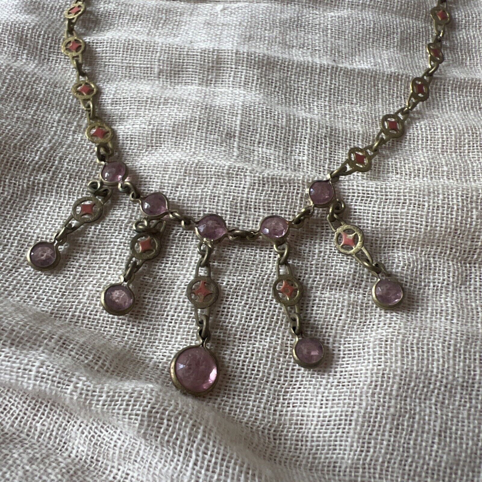 Antique Edwardian 1900s Brass & Pink Rhinestone Dangle Choker Necklace Vintage