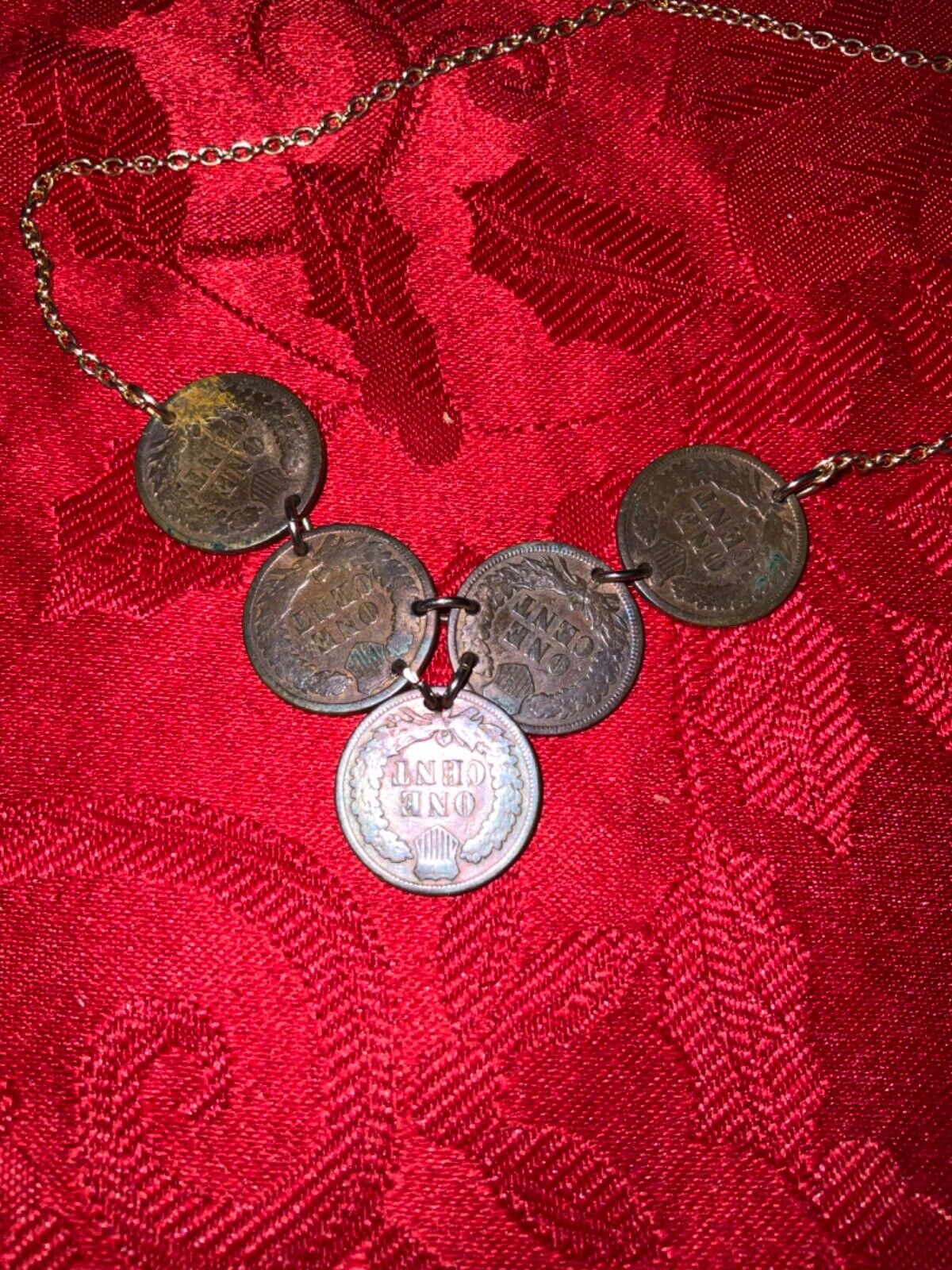 VINTAGE 5 INDIAN HEAD PENNY NECKLACE ALL 1800s GOLD TONE CHAIN