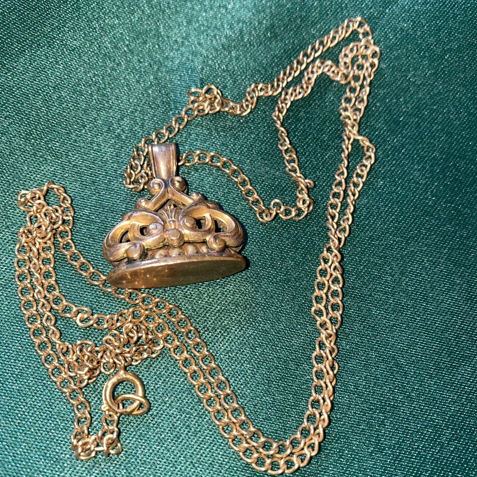 Crown Fob Pendant 1900s Edwardian Necklace Gold Tone Art Nouveau Antique