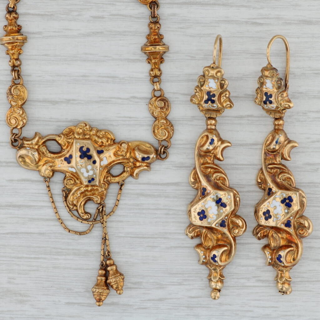 Ornate Antique 1800s Necklace Earrings Set 14k Gold Floral Enamel 16" Lavalier