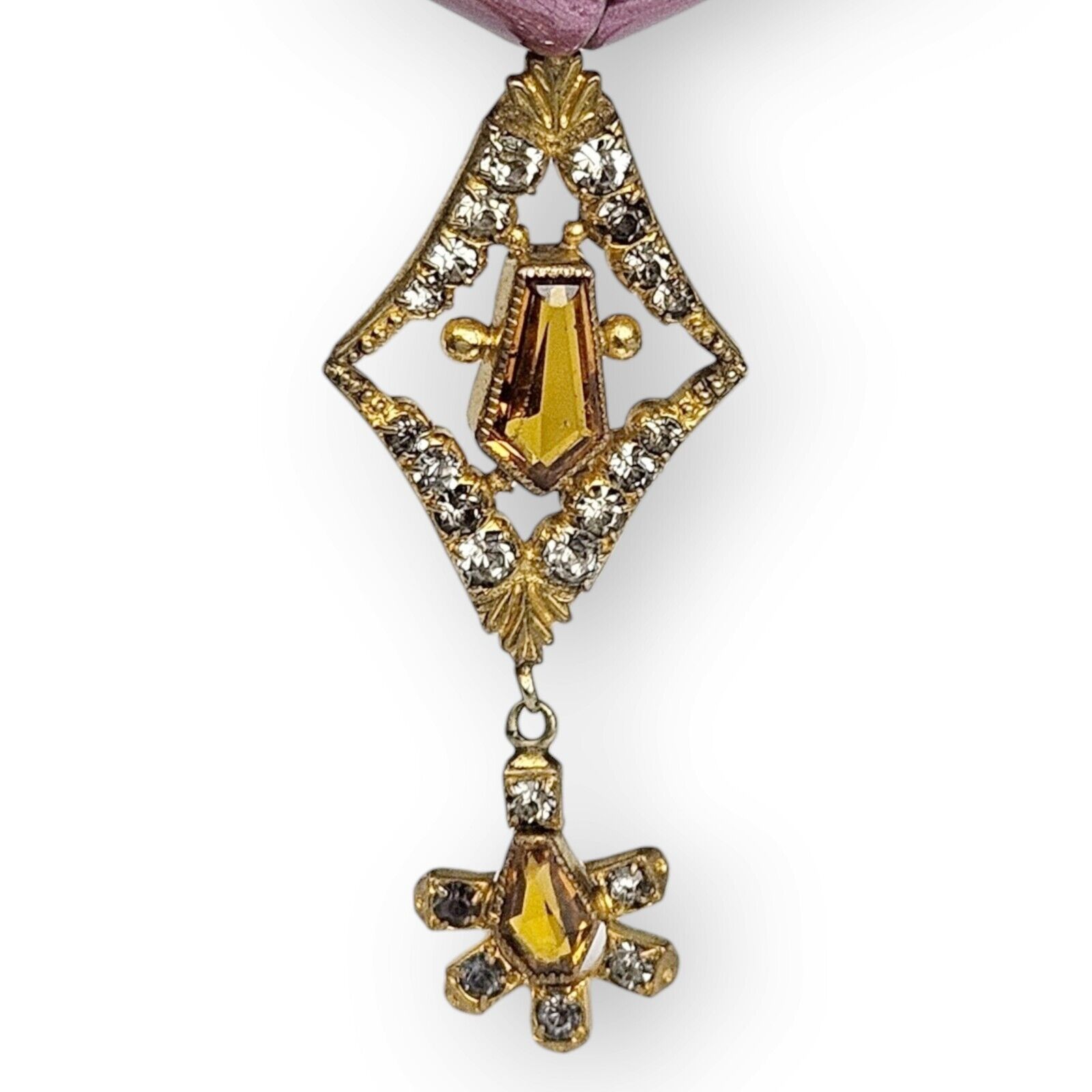 Antique Lavalier Pendant Art Deco Paste Stone Faux Citrine Brass Floral 1900s 2"