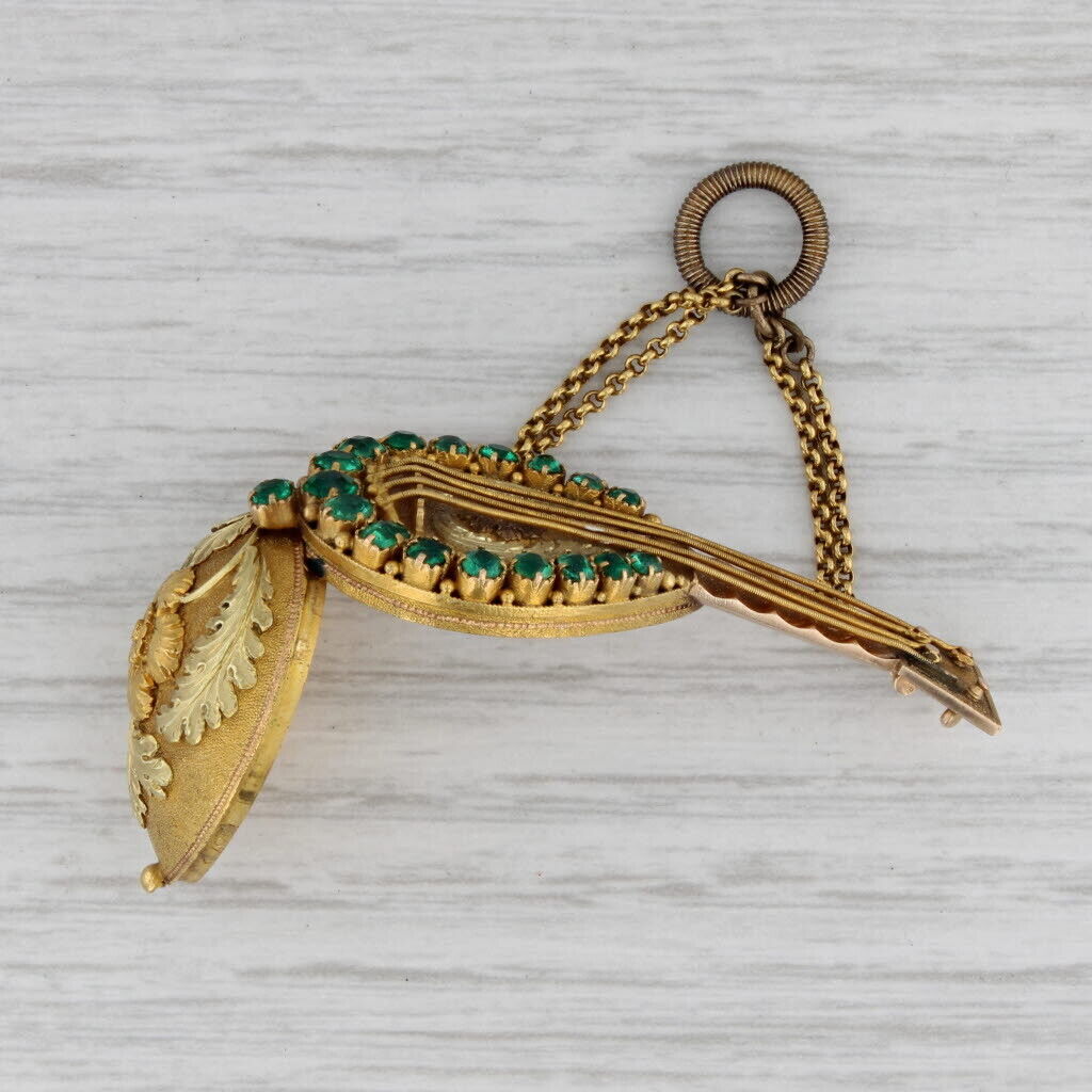1800s Georgian Mandolin Charm Fob Pendant 18k 21k Gold 0.50ctw Emeralds Locket
