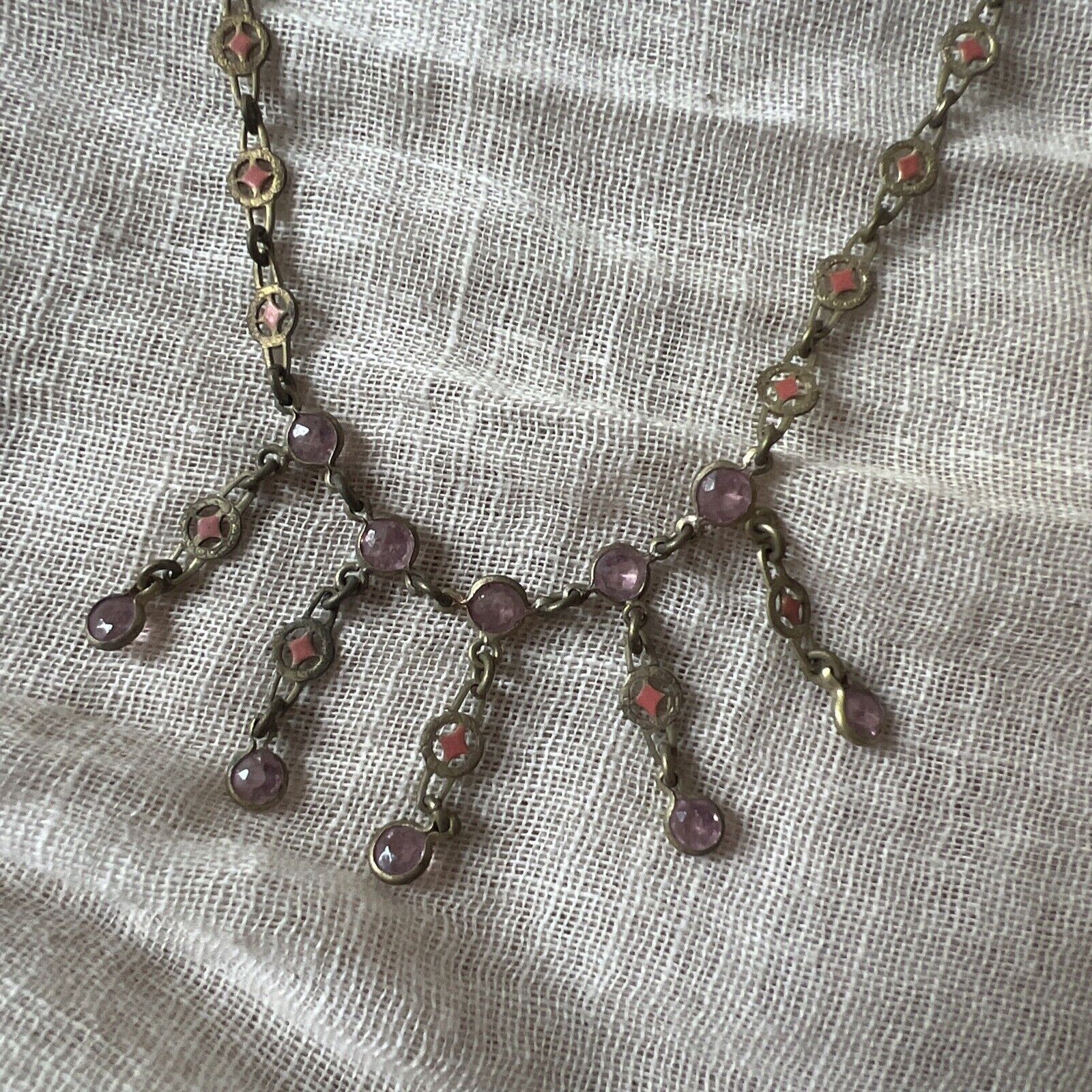 Antique Edwardian 1900s Brass & Pink Rhinestone Dangle Choker Necklace Vintage