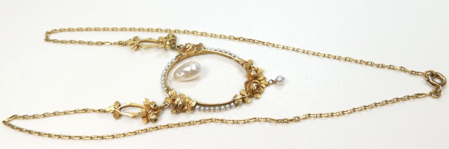 Antique Art Nouveau 1900'S Pearl Floral Necklace 17" 18K Yellow Gold 9.6 Grams