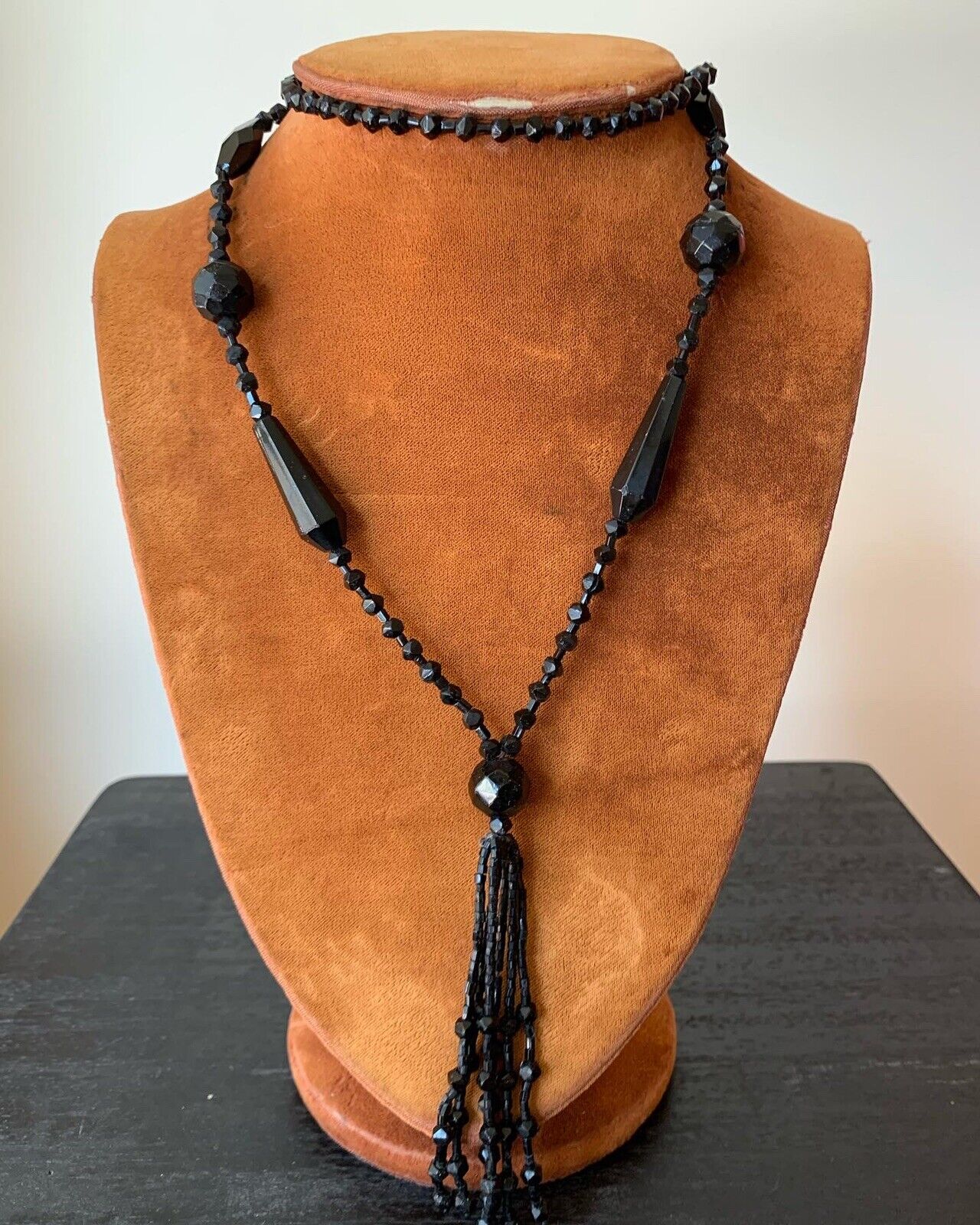 Antique Edwardian 1900s Jet black sautoir beaded beveled necklace