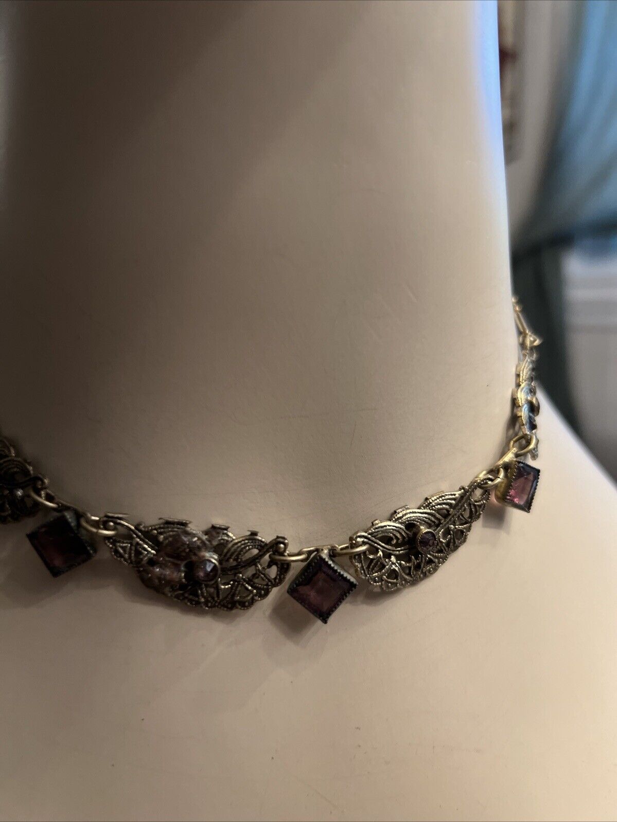 Antique early 1900s goldtone filigree choker necklace w Square purple stones