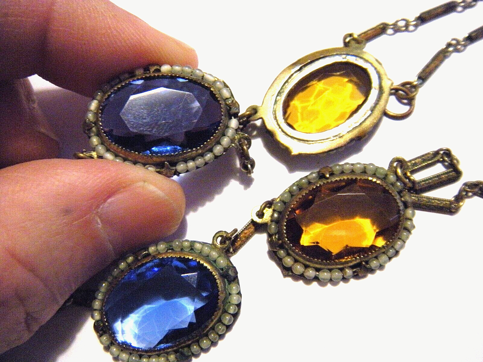1900s Victorian Large Faceted Stones Seed Pearls Halo Oval Link Collar Necklace