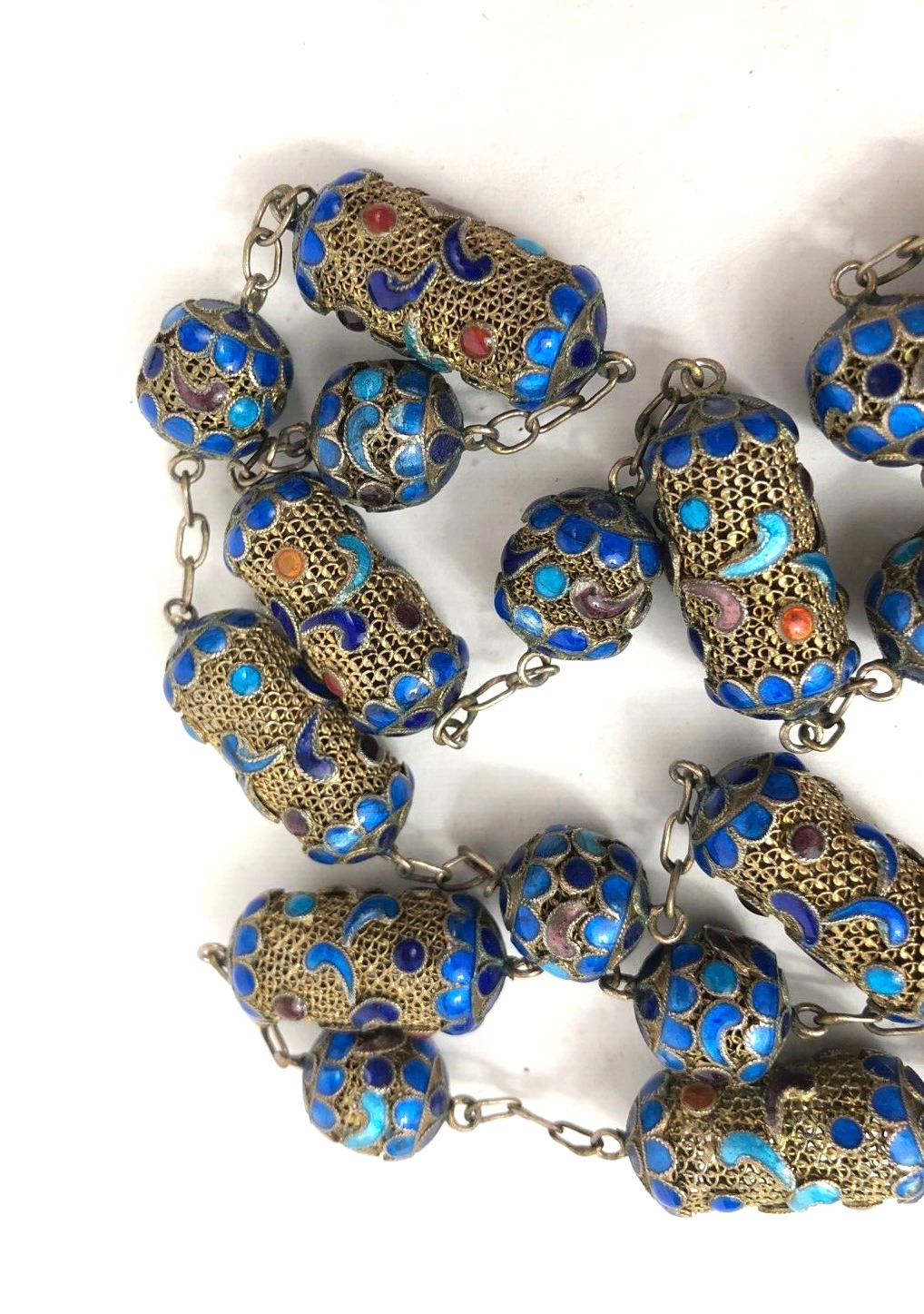 Antique Chinese Mesh Sterling Silver Gilt Enamel Beaded 26" Necklace Early 1900s
