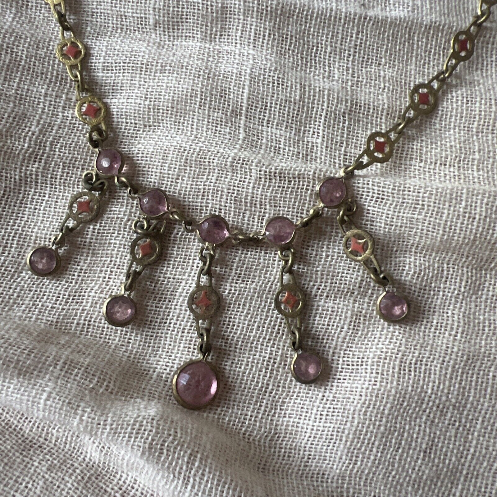 Antique Edwardian 1900s Brass & Pink Rhinestone Dangle Choker Necklace Vintage