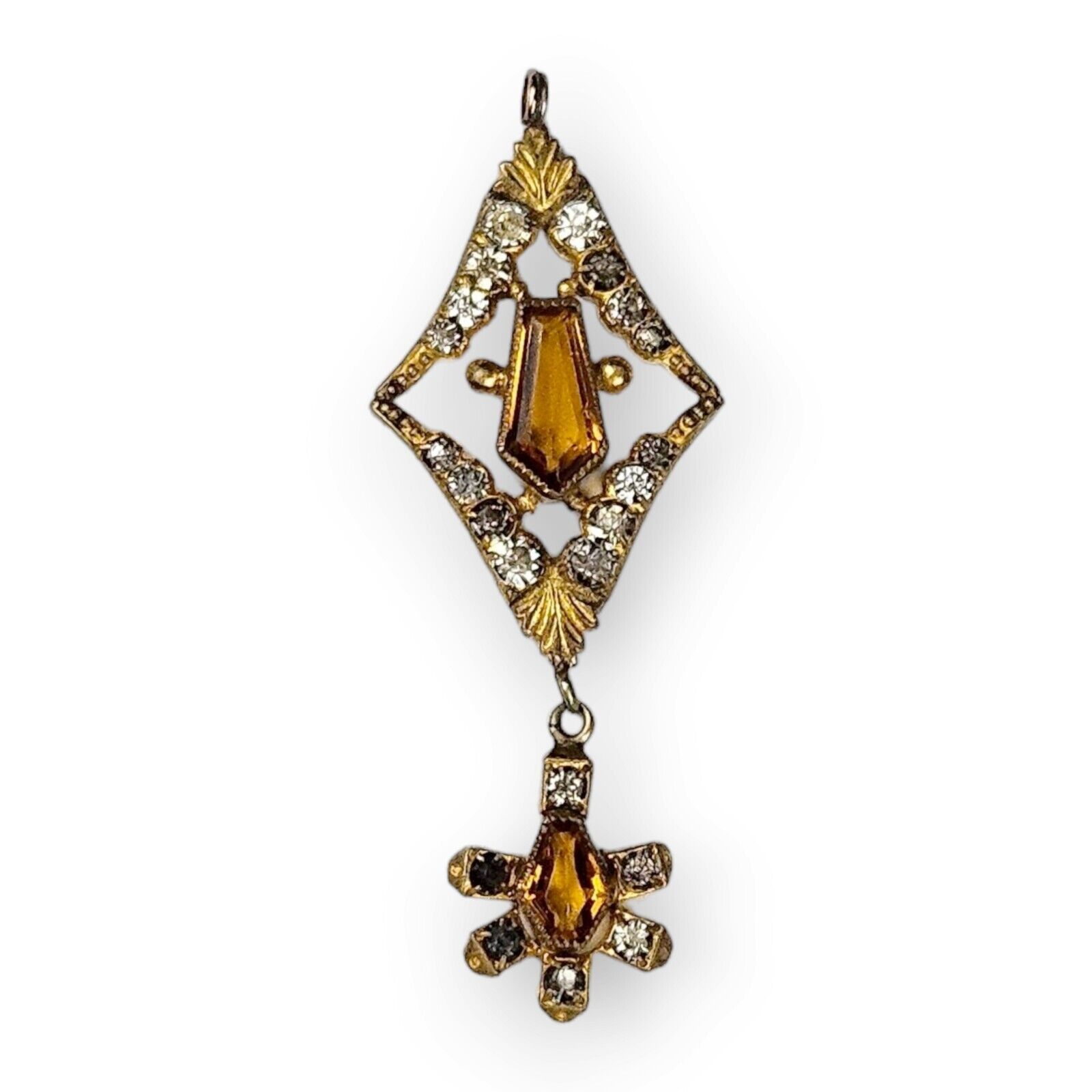 Antique Lavalier Pendant Art Deco Paste Stone Faux Citrine Brass Floral 1900s 2"