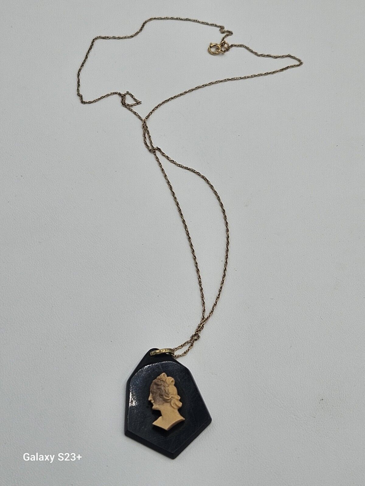 Antique C.1800's Mourning Necklace, Black Cameo Pendant+20"12k Goldf Chain 