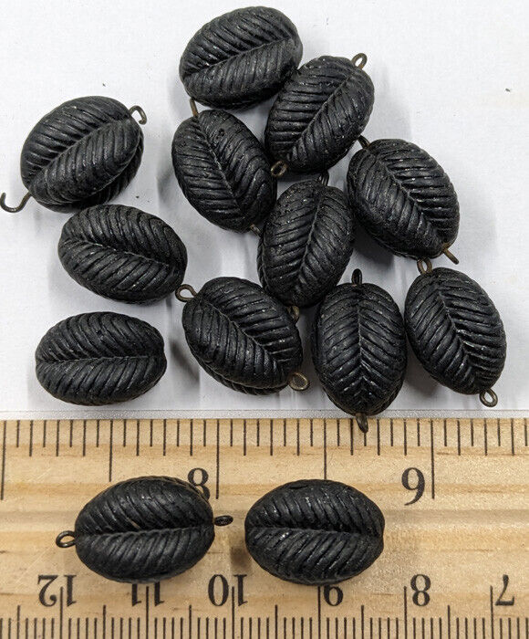 Antique 1800s Jet Black Glass Mourning Necklace Beads 13 Piece 3/4" Each Matte