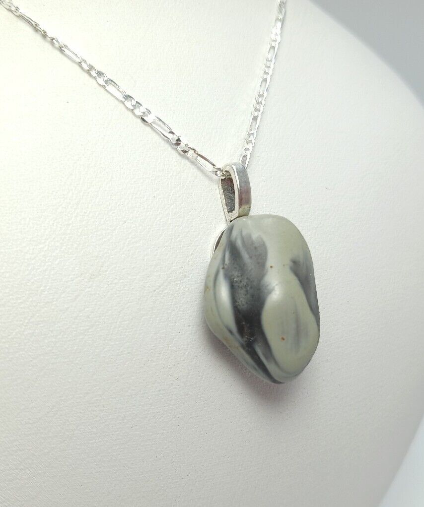 Michigan 1800's Blue Swirl Slag Matte Glass Pendant 925 Silver Necklace