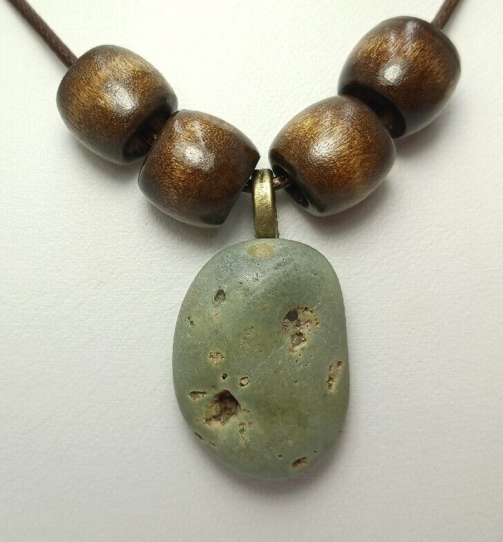 1800's Matte Green Slag Glass Unique Michigan Pendant Necklace Wood Accents 