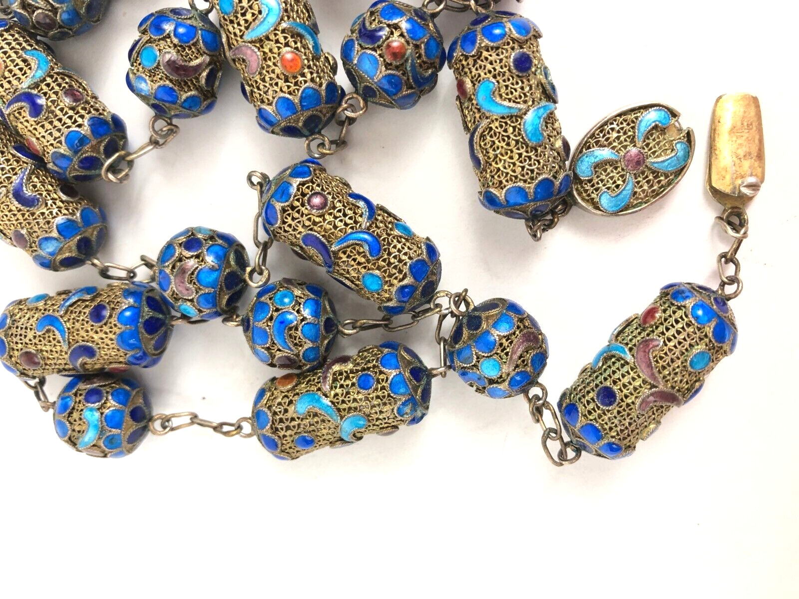 Antique Chinese Mesh Sterling Silver Gilt Enamel Beaded 26" Necklace Early 1900s