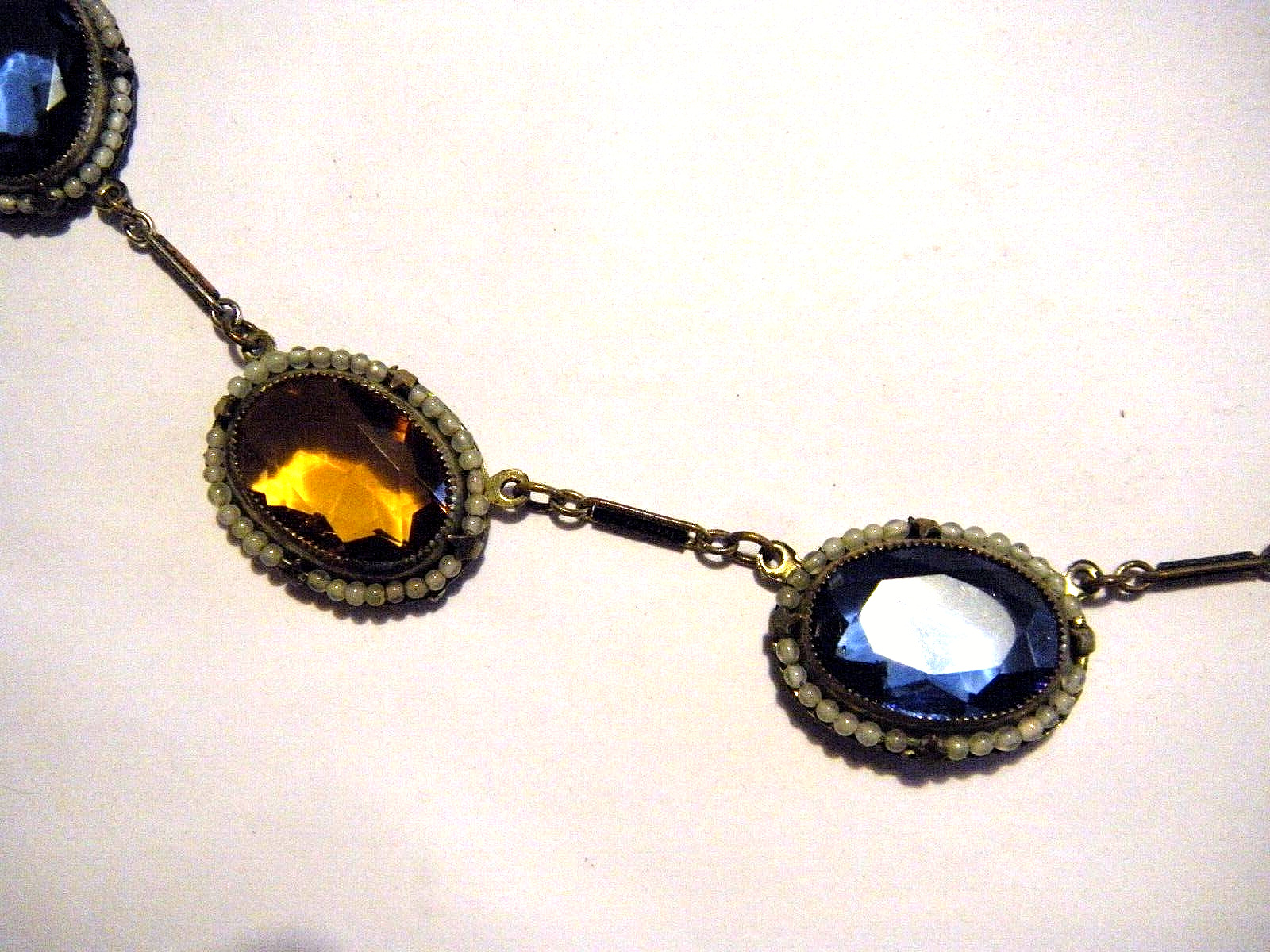 1900s Victorian Large Faceted Stones Seed Pearls Halo Oval Link Collar Necklace