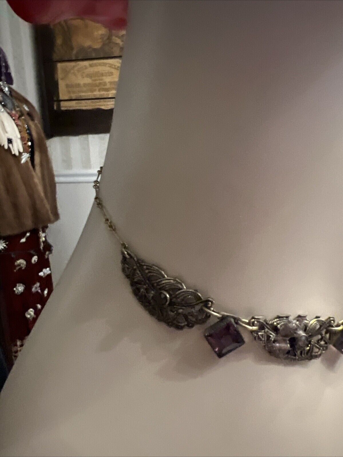 Antique early 1900s goldtone filigree choker necklace w Square purple stones