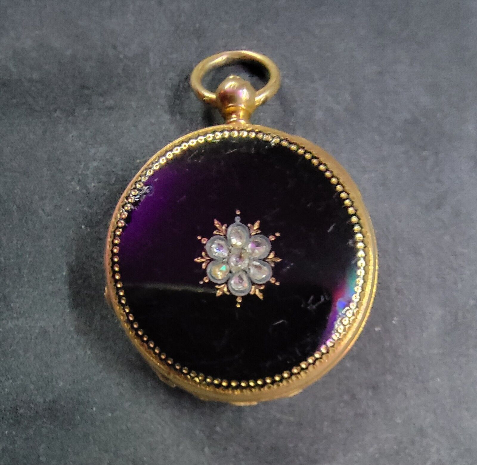 Mid 1800s French 14k Gold Pocket Watch 40 Diamonds & Black Enamel Inlay Rubies