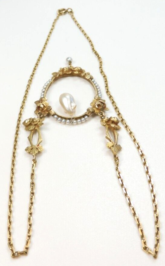 Antique Art Nouveau 1900'S Pearl Floral Necklace 17" 18K Yellow Gold 9.6 Grams