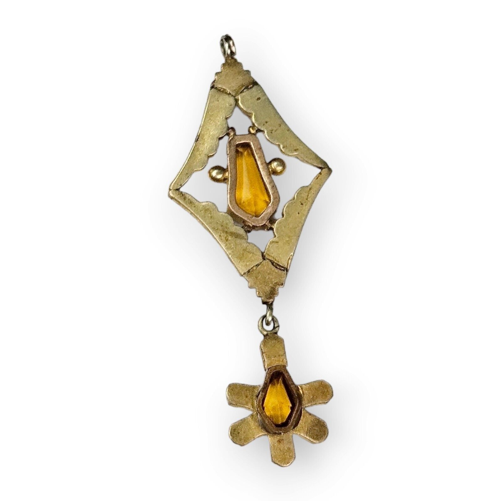 Antique Lavalier Pendant Art Deco Paste Stone Faux Citrine Brass Floral 1900s 2"