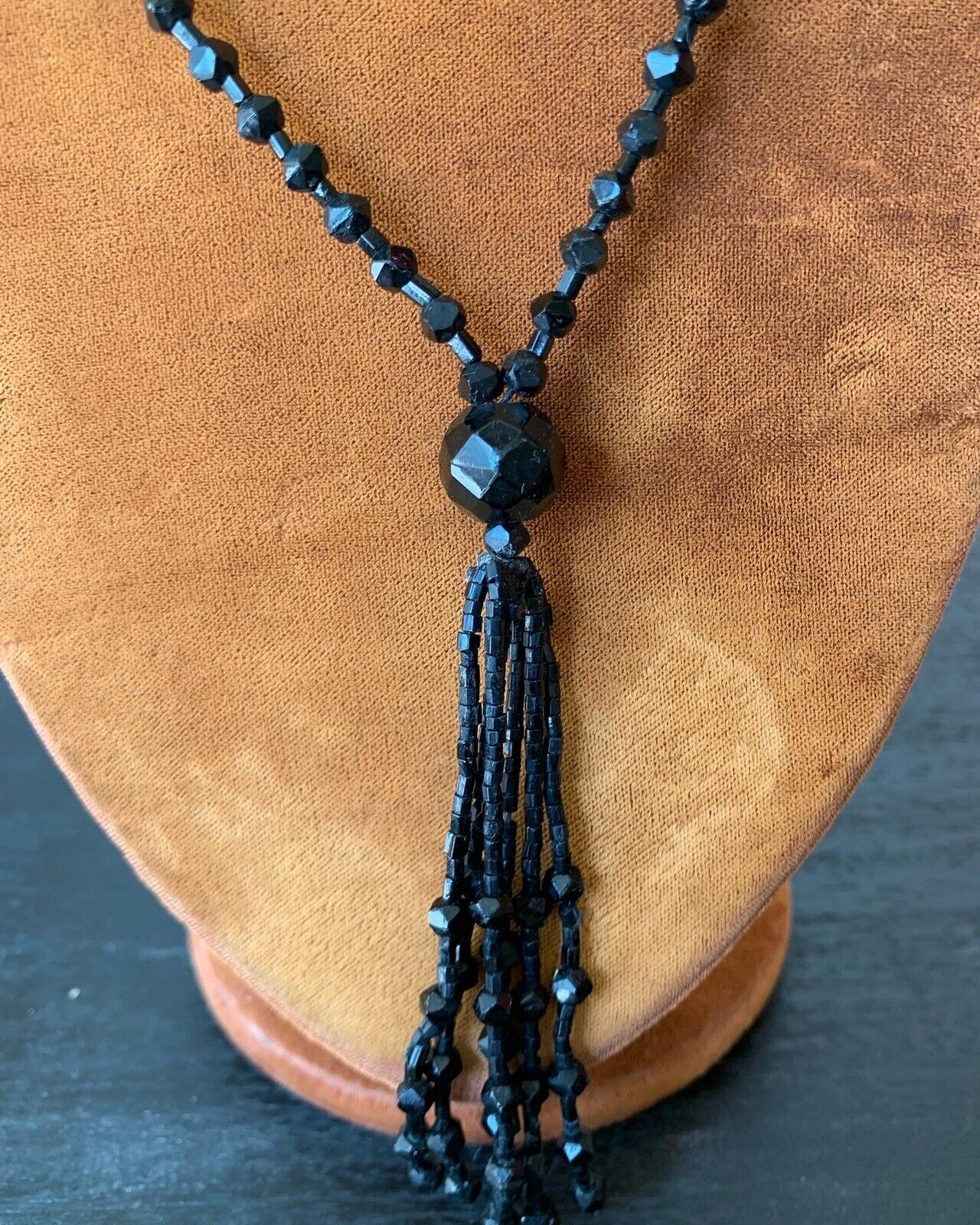 Antique Edwardian 1900s Jet black sautoir beaded beveled necklace