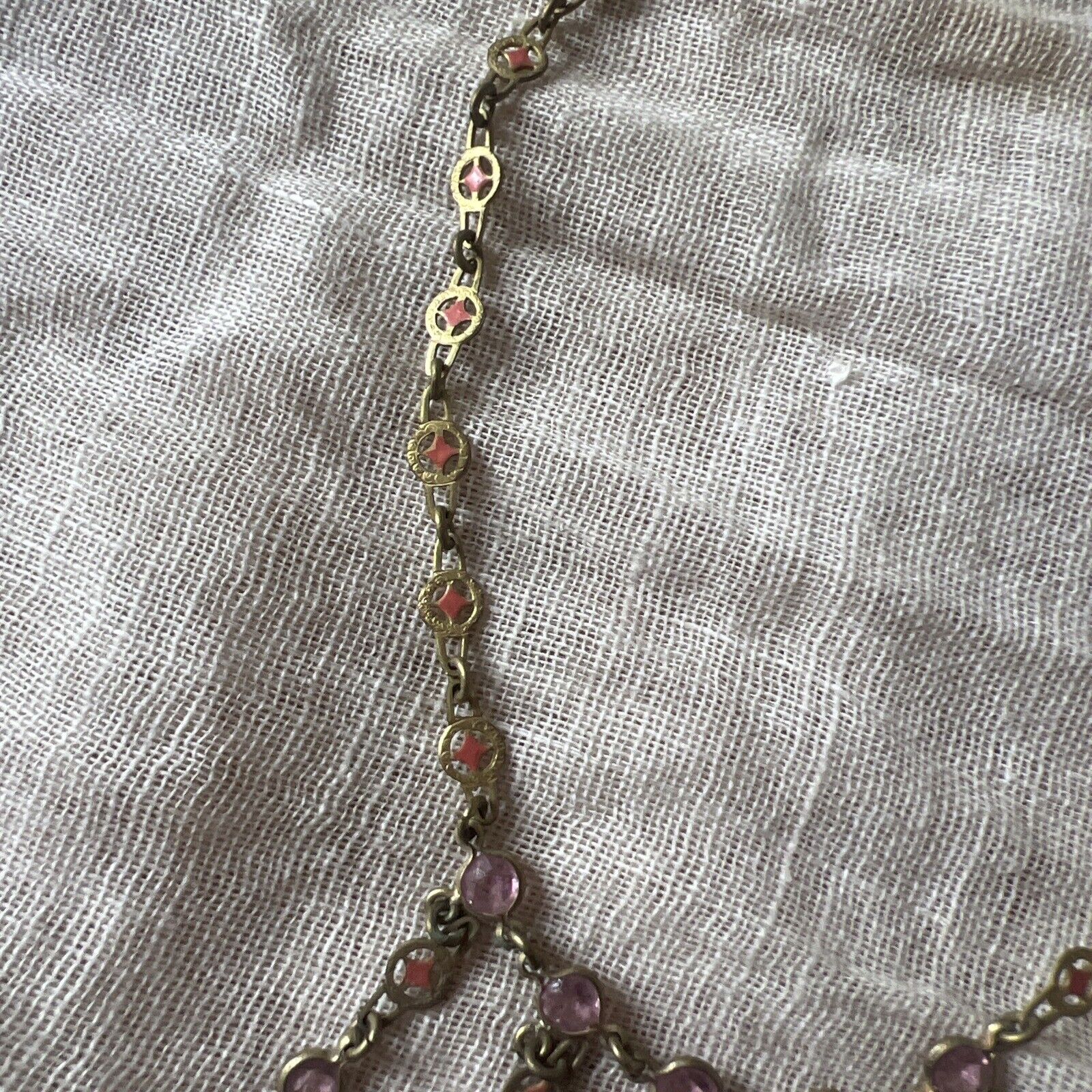 Antique Edwardian 1900s Brass & Pink Rhinestone Dangle Choker Necklace Vintage