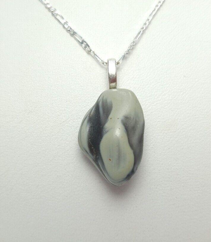Michigan 1800's Blue Swirl Slag Matte Glass Pendant 925 Silver Necklace
