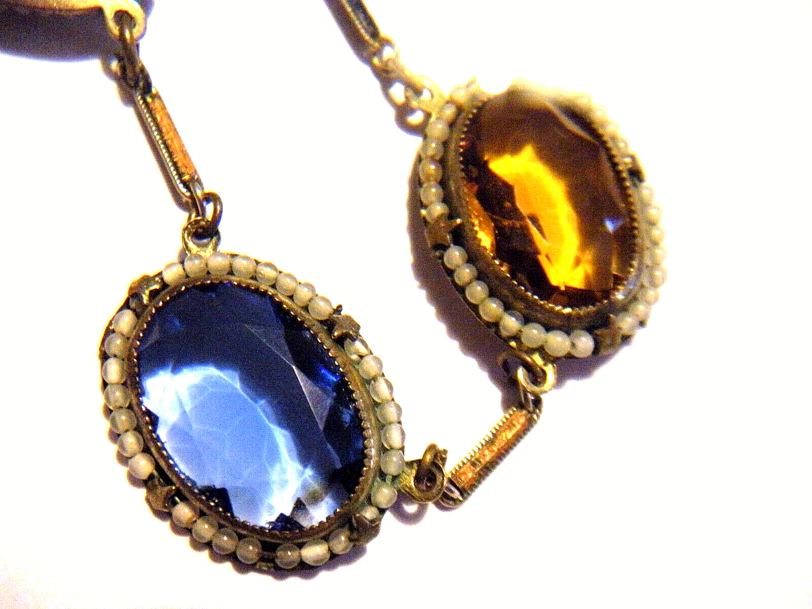 1900s Victorian Large Faceted Stones Seed Pearls Halo Oval Link Collar Necklace